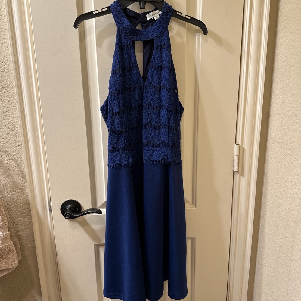 Navy blue dress with a halter neckline